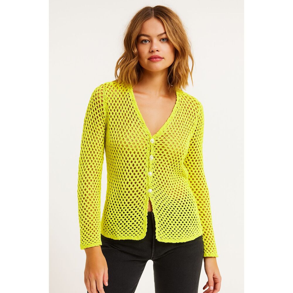 Pure Handknit Cotton Open Knit Sweater Cardigan in Chartreuse Green L/XL NWOT